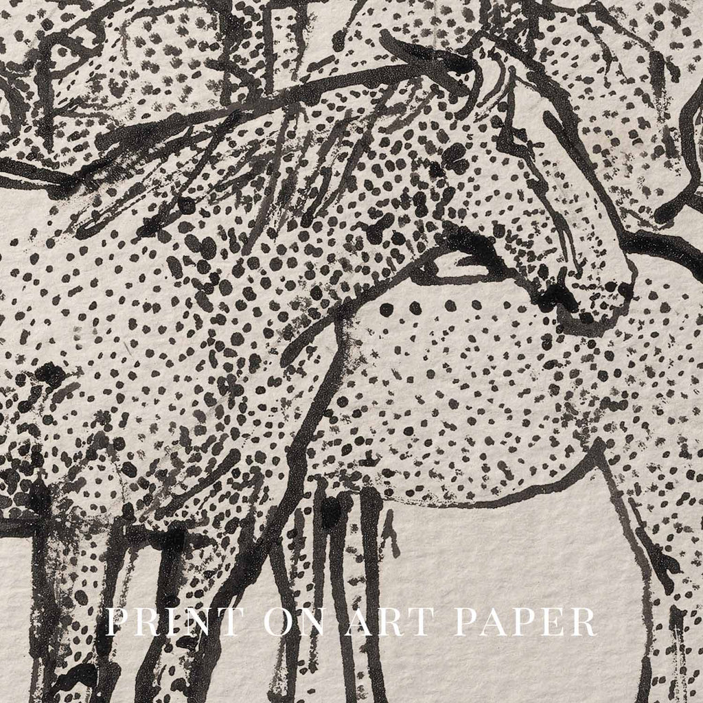 Spotted Horses in Paddock Ink Drawing Wall Art Printable – Vintage Equestrian Sketch Print