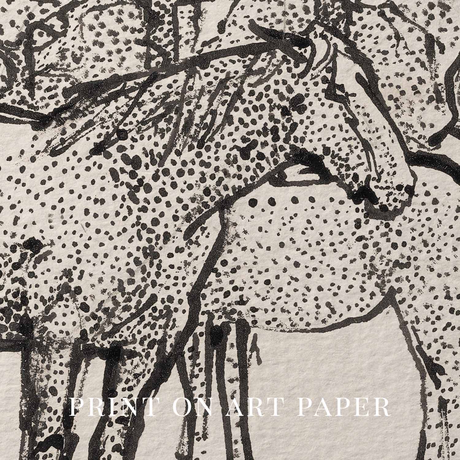 Spotted Horses in Paddock Ink Drawing Wall Art Printable – Vintage Equestrian Sketch Print