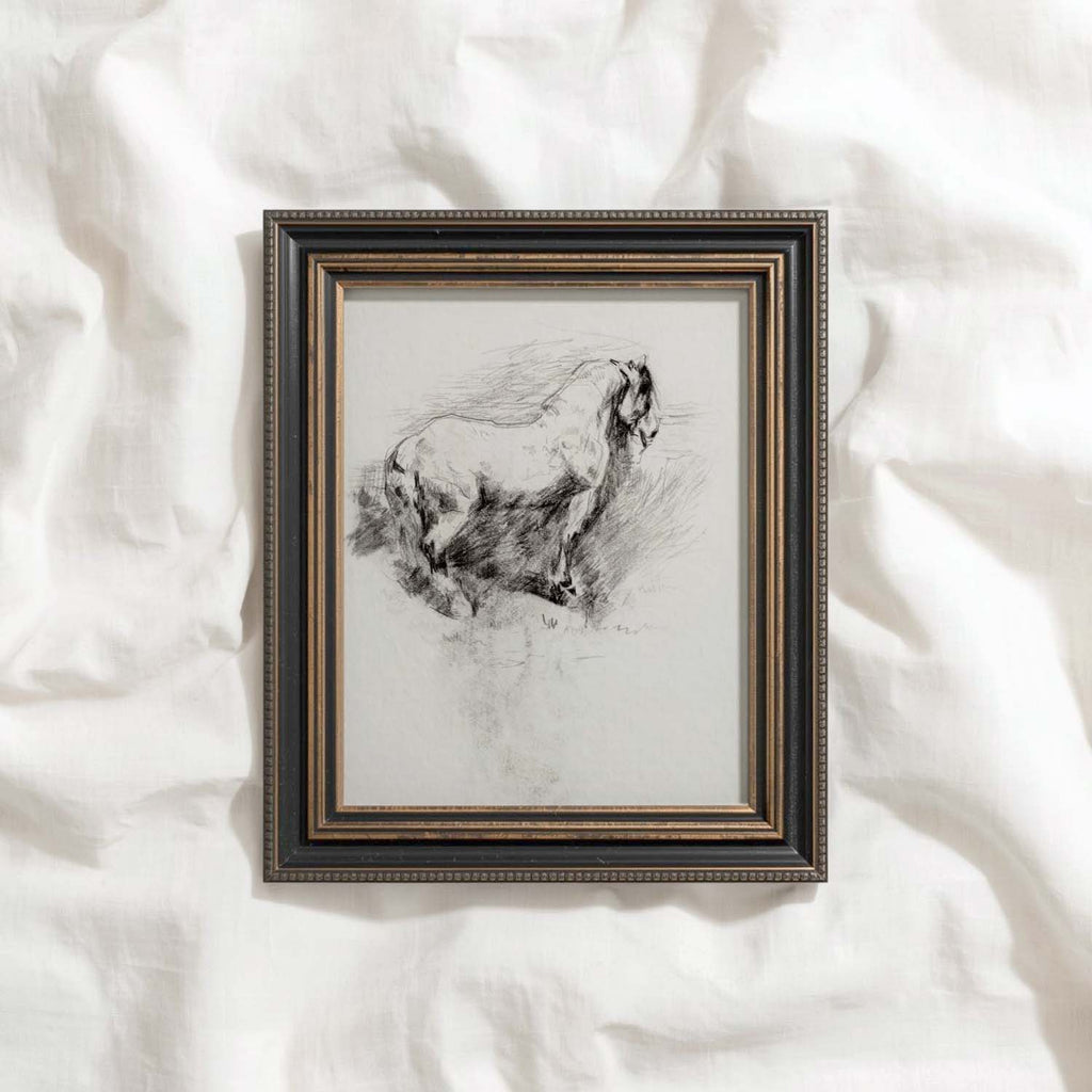 Horse pencil sketch printable wall art featuring an antique horse standing on a hillside