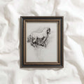 Horse pencil sketch printable wall art featuring an antique horse standing on a hillside