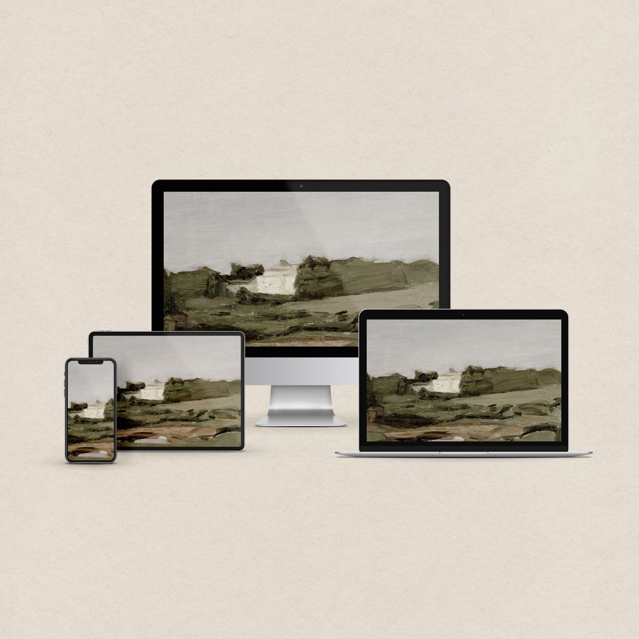 Impasto desktop wallpaper featuring a muted countryside landscape with soft textured brushwork and matching device wallpapers
