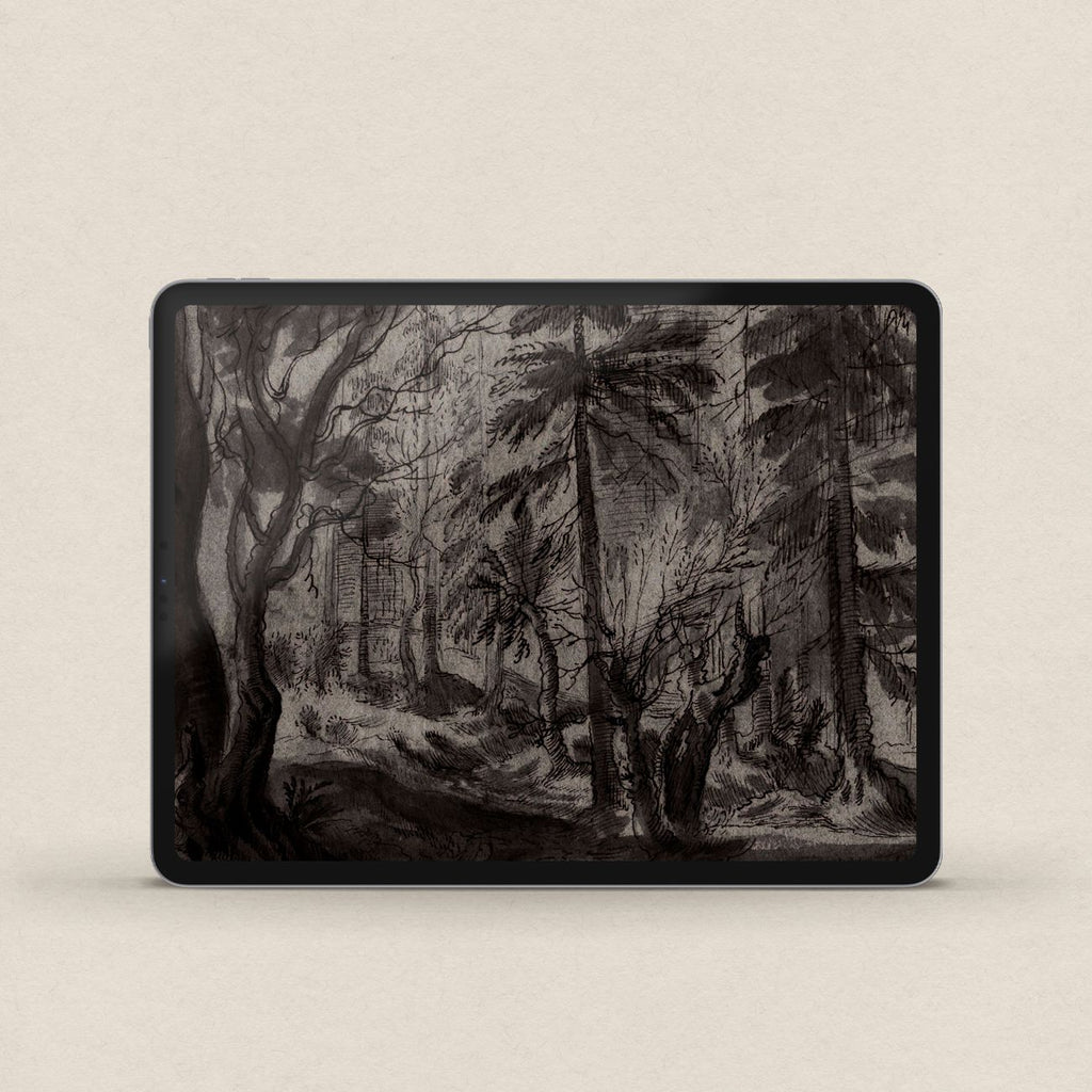 Vintage Pine Forest Sketch iPhone & iPad Wallpaper Set (Dark Academia)