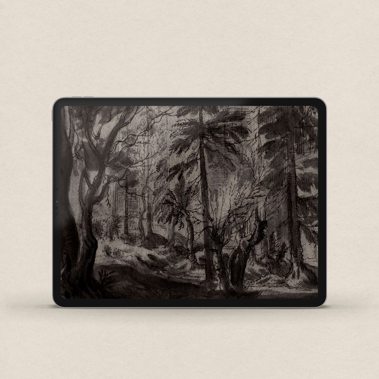 Vintage Pine Forest Sketch iPhone & iPad Wallpaper Set (Dark Academia)