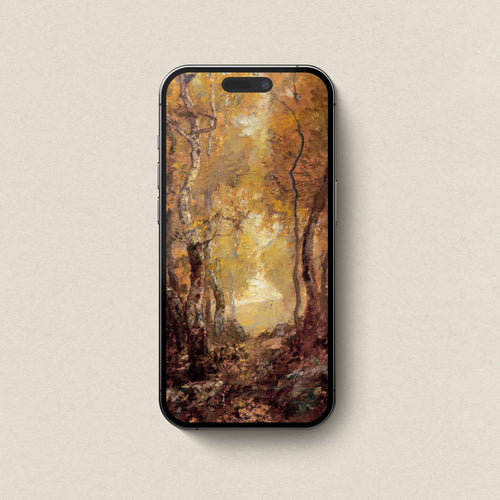 Instant wallpaper download concept for Vintage Autumn Forest Pond matching device wallpaper bundle.