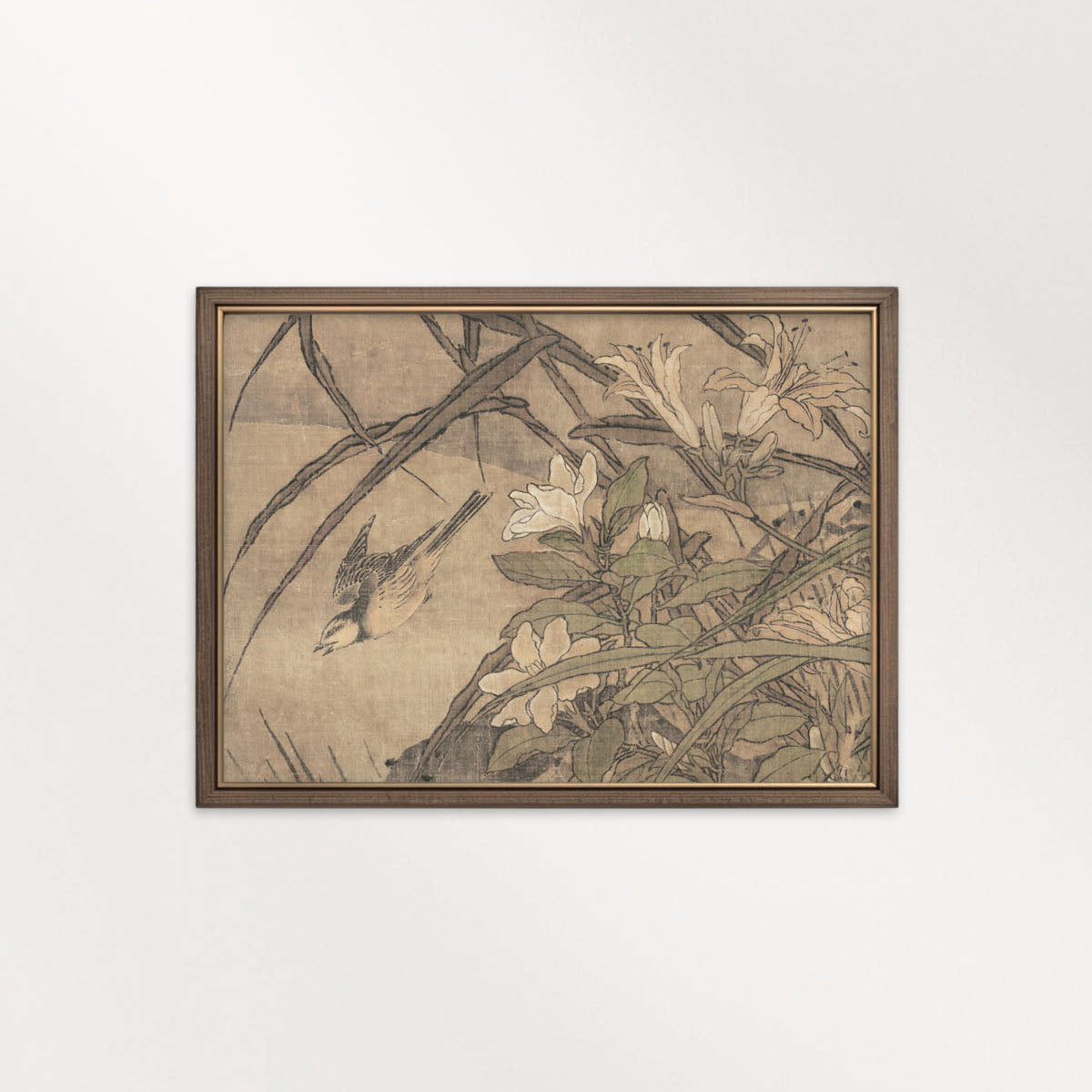 Antique Bird and Tiger Lily Botanical Wall Art Printable – Vintage Japanese Floral Illustration Print
