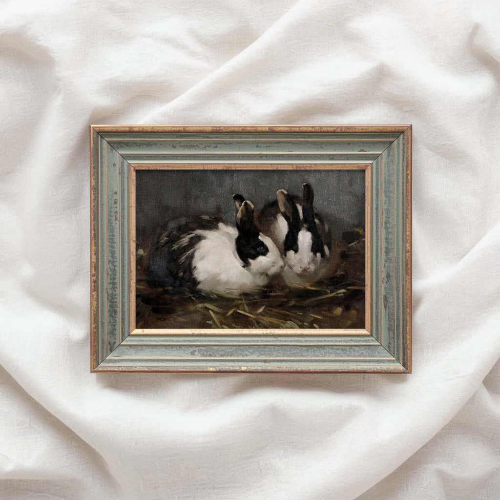 Victorian Rabbit Oil Painting Wall Art Printable (Moody Farmhouse Animal Portrait, Vintage Blue Tonal Decor)