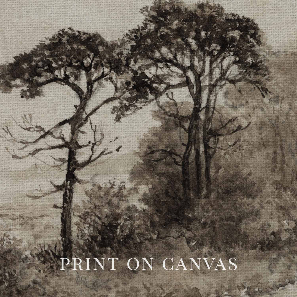 Dark Academia Autumn Landscape Wall Art Printable | Antique Watercolor Neutral Beige Tree Print