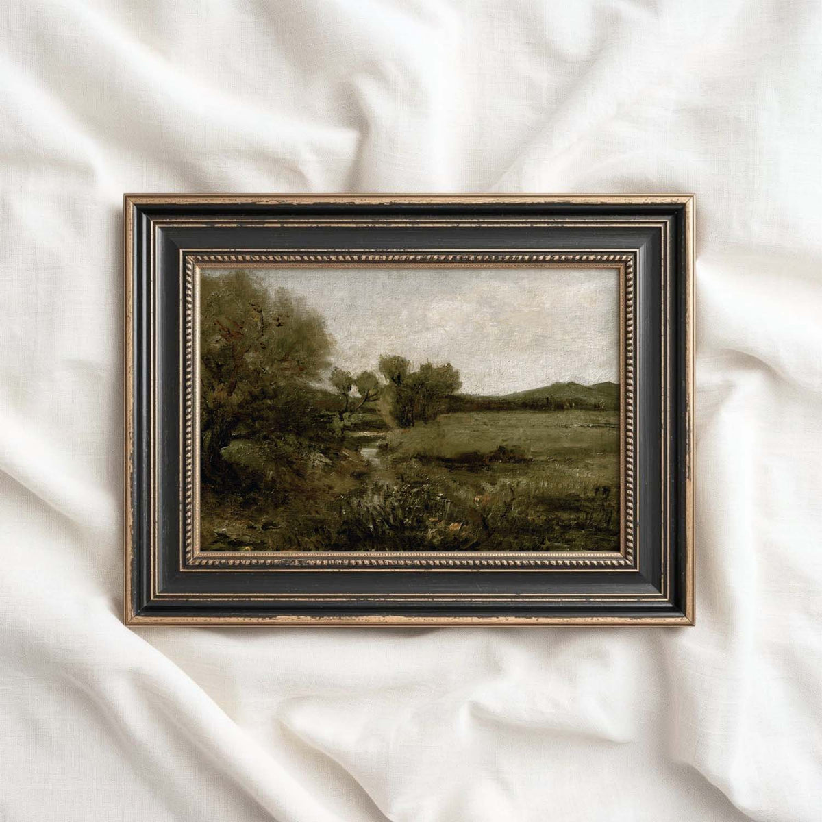 Vintage green landscape artwork in olive and earthy tones styled as living room wall art