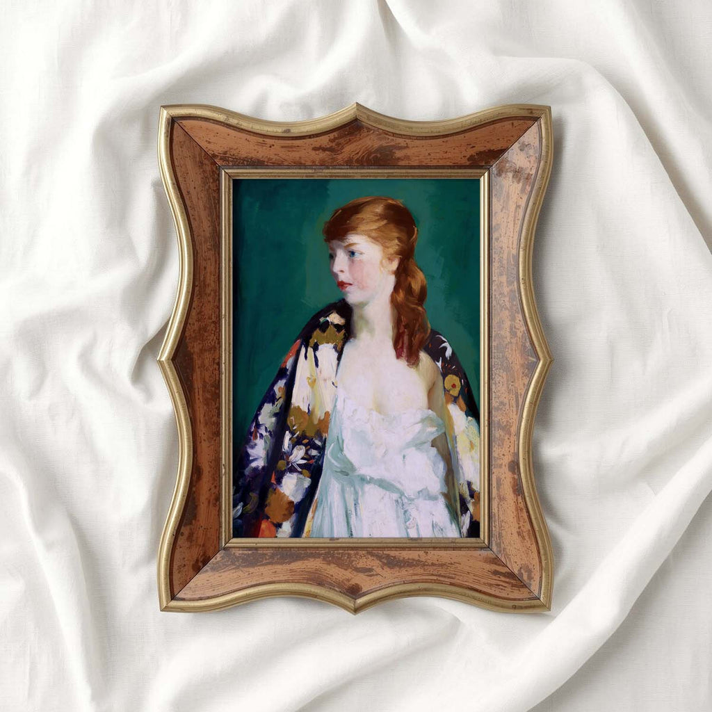 Parisian Vintage Portrait Wall Art Print – Emerald Green Fashion Oil Painting (Digital Download)