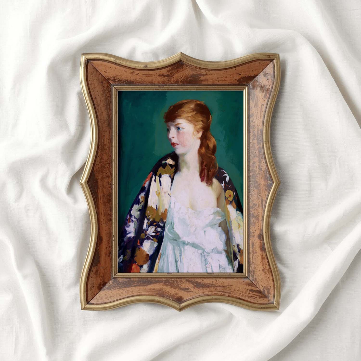 Parisian Vintage Portrait Wall Art Print – Emerald Green Fashion Oil Painting (Digital Download)