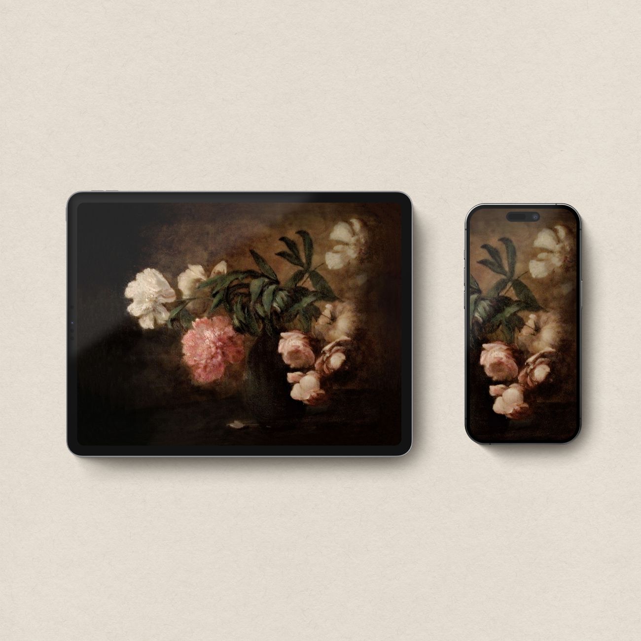 Matching Moody Autumn Still Life wallpapers displayed across iPad and iPhone screens with coordinated floral artwork.