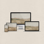Mediterranean desktop wallpaper featuring a minimal neutral coastal landscape in soft muted tones with matching device wallpapers