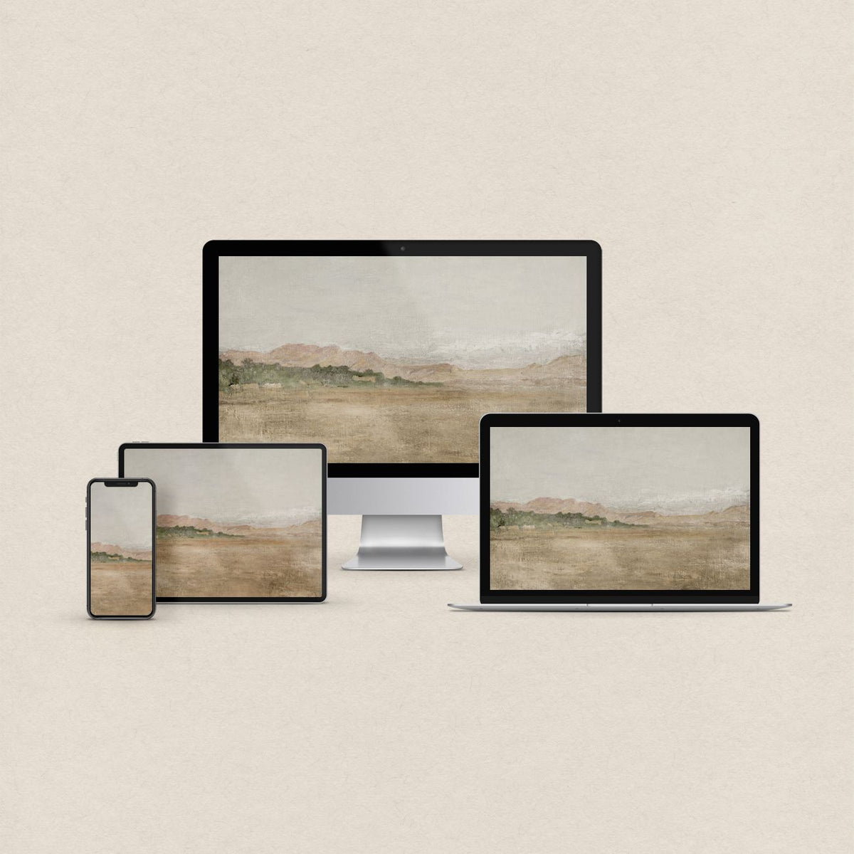 Mediterranean desktop wallpaper featuring a minimal neutral coastal landscape in soft muted tones with matching device wallpapers