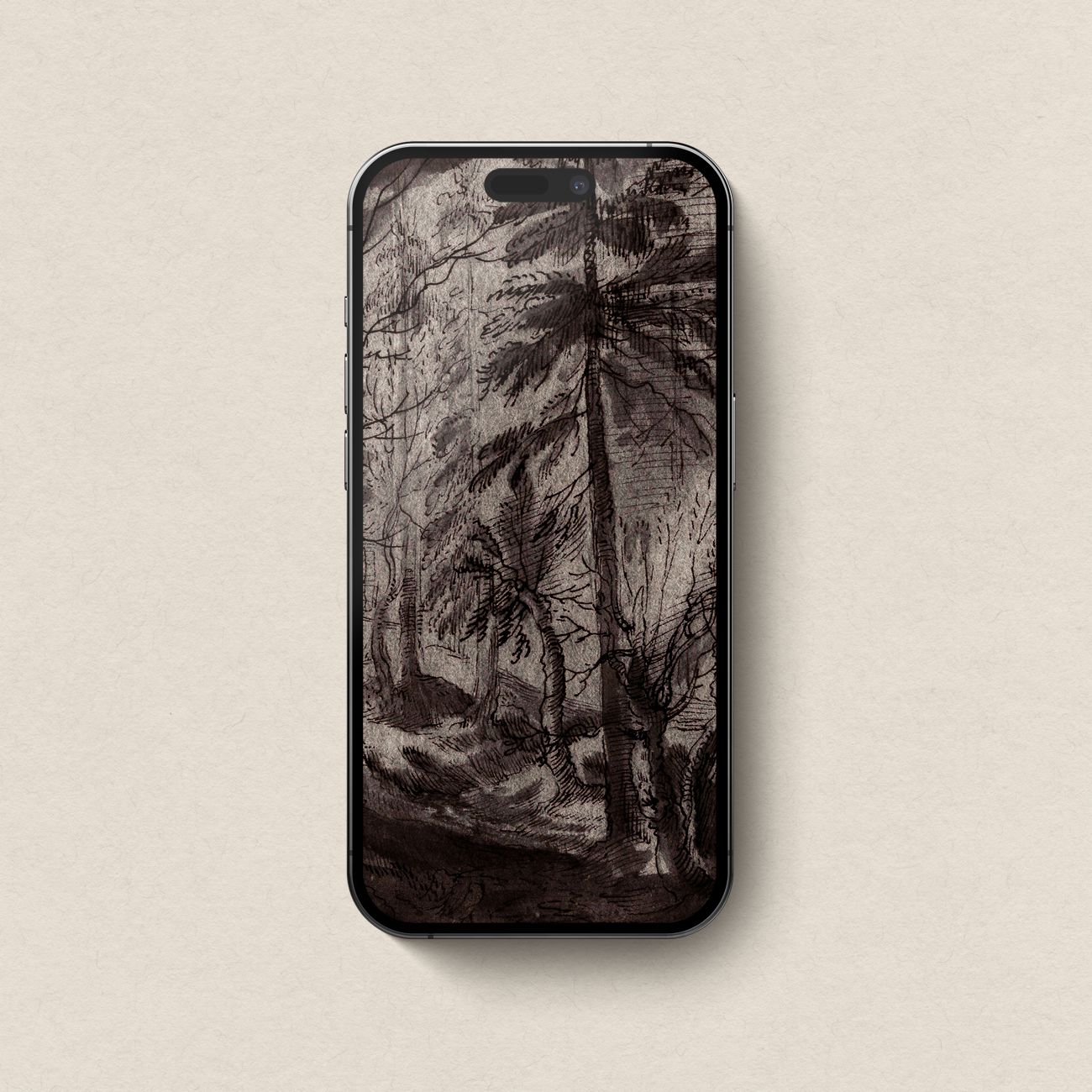 Vintage Pine Forest Sketch iPhone & iPad Wallpaper Set (Dark Academia)