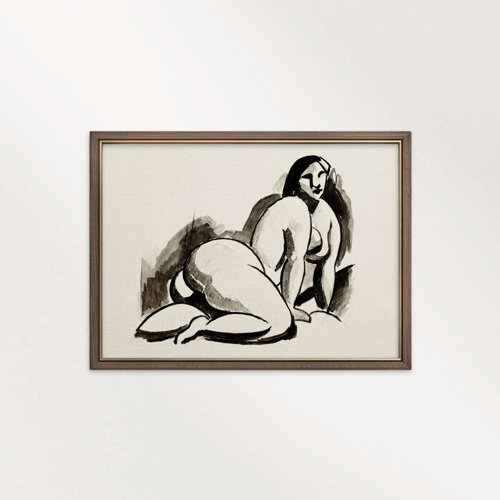 Modern Woman Ink Drawing Wall Art Printable – Minimal Black and Beige Line Portrait Print