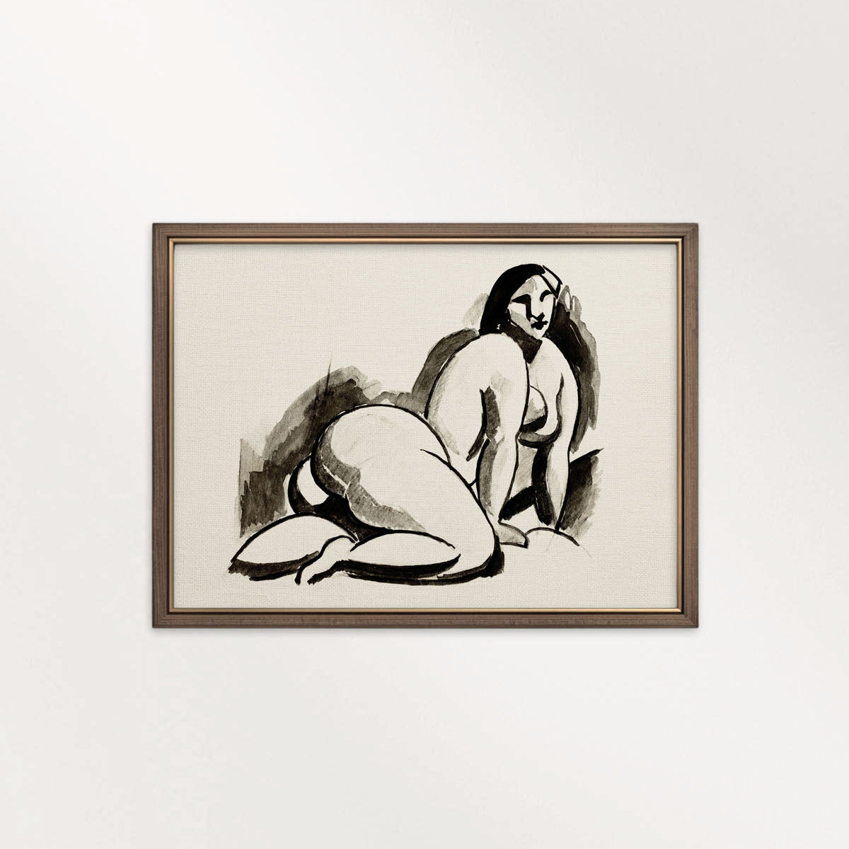 Modern Woman Ink Drawing Wall Art Printable – Minimal Black and Beige Line Portrait Print