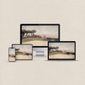 Minimal landscape desktop wallpaper featuring a soft muted painting in blush, cream and green tones with matching device wallpapers