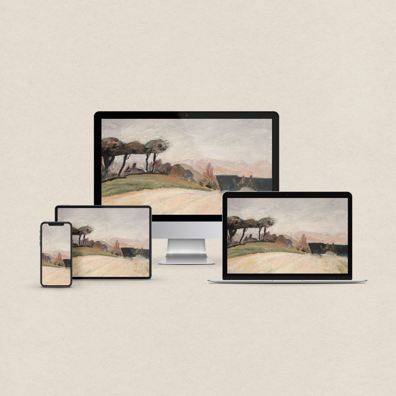 Minimal landscape desktop wallpaper featuring a soft muted painting in blush, cream and green tones with matching device wallpapers