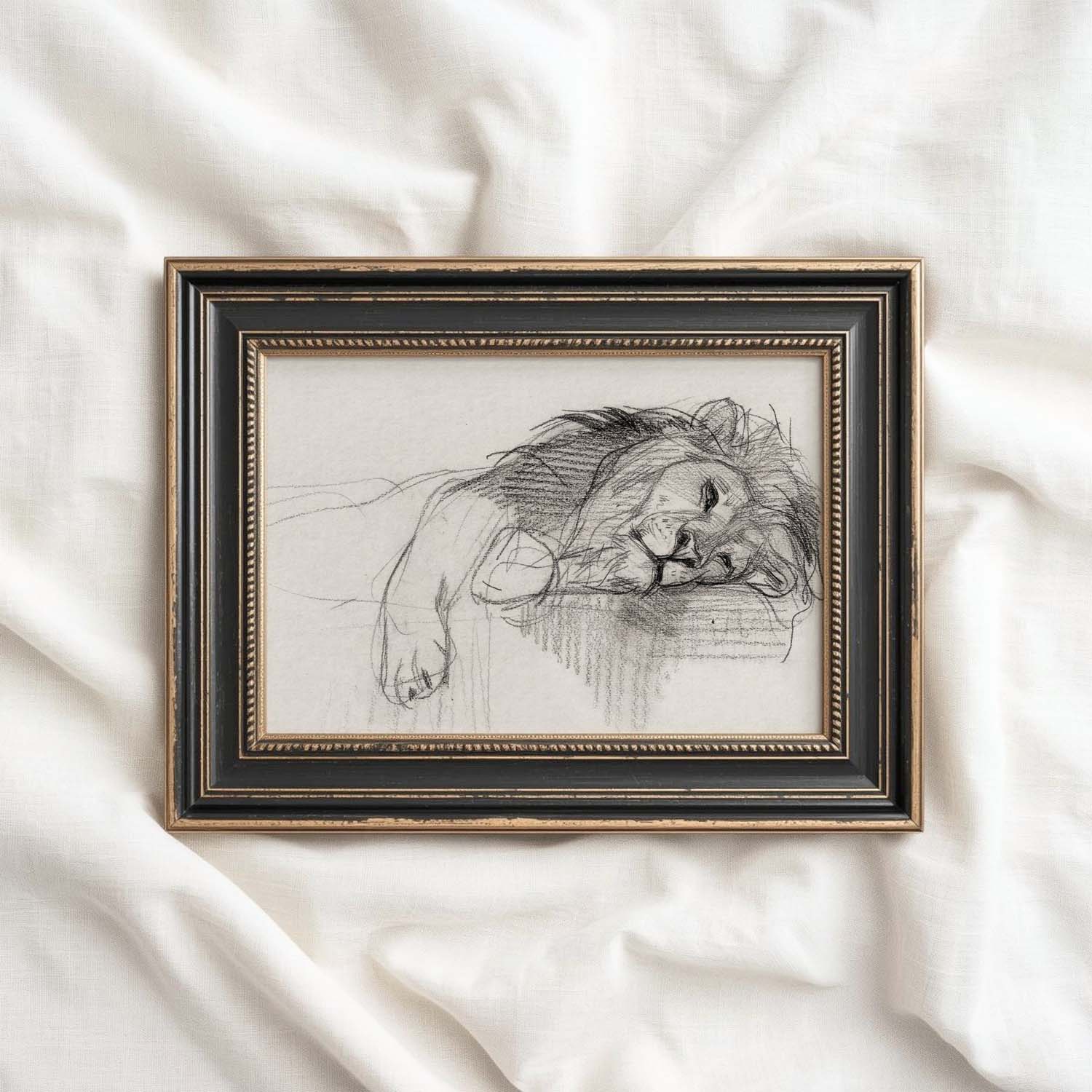 Sleeping Lion Wall Art Printable | Neutral Pencil Sketch Wildlife Print
