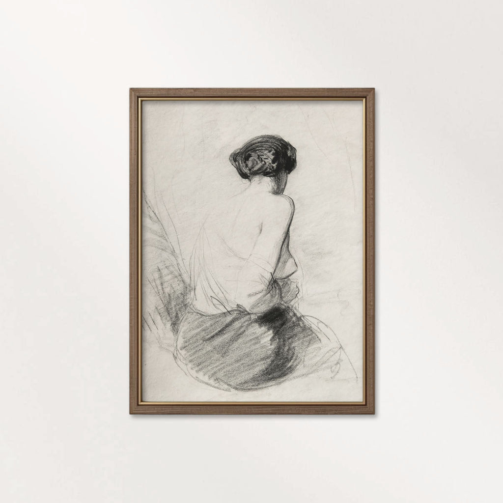 Vintage Woman Back Facing Pencil Sketch Wall Art Printable – Neutral Minimal Portrait Print