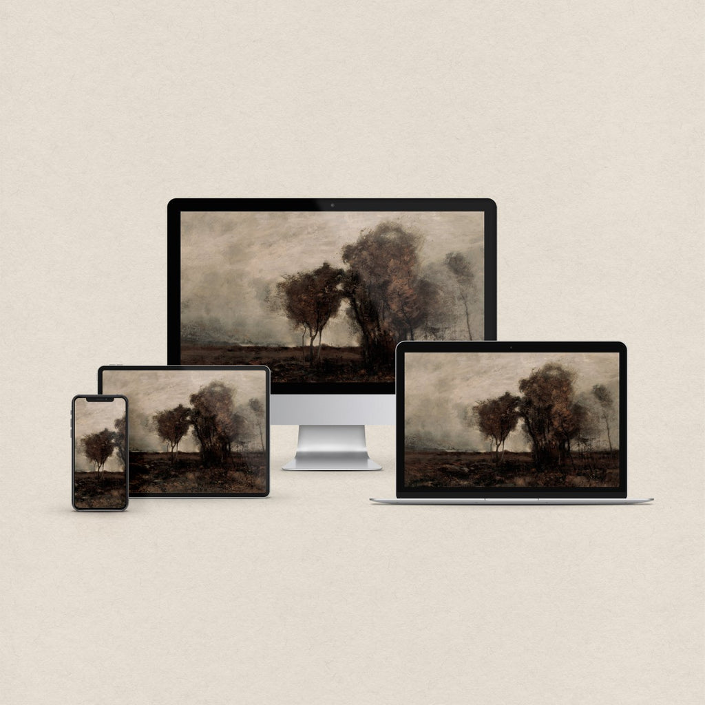 Minimalist dark desktop wallpaper featuring a misty black and beige landscape with a subtle Dark Academia aesthetic and matching device wallpapers
