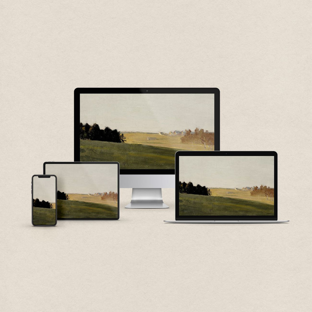 Minimalist landscape desktop wallpaper featuring an earth tone color block nature design with matching phone, iPad and MacBook wallpapers