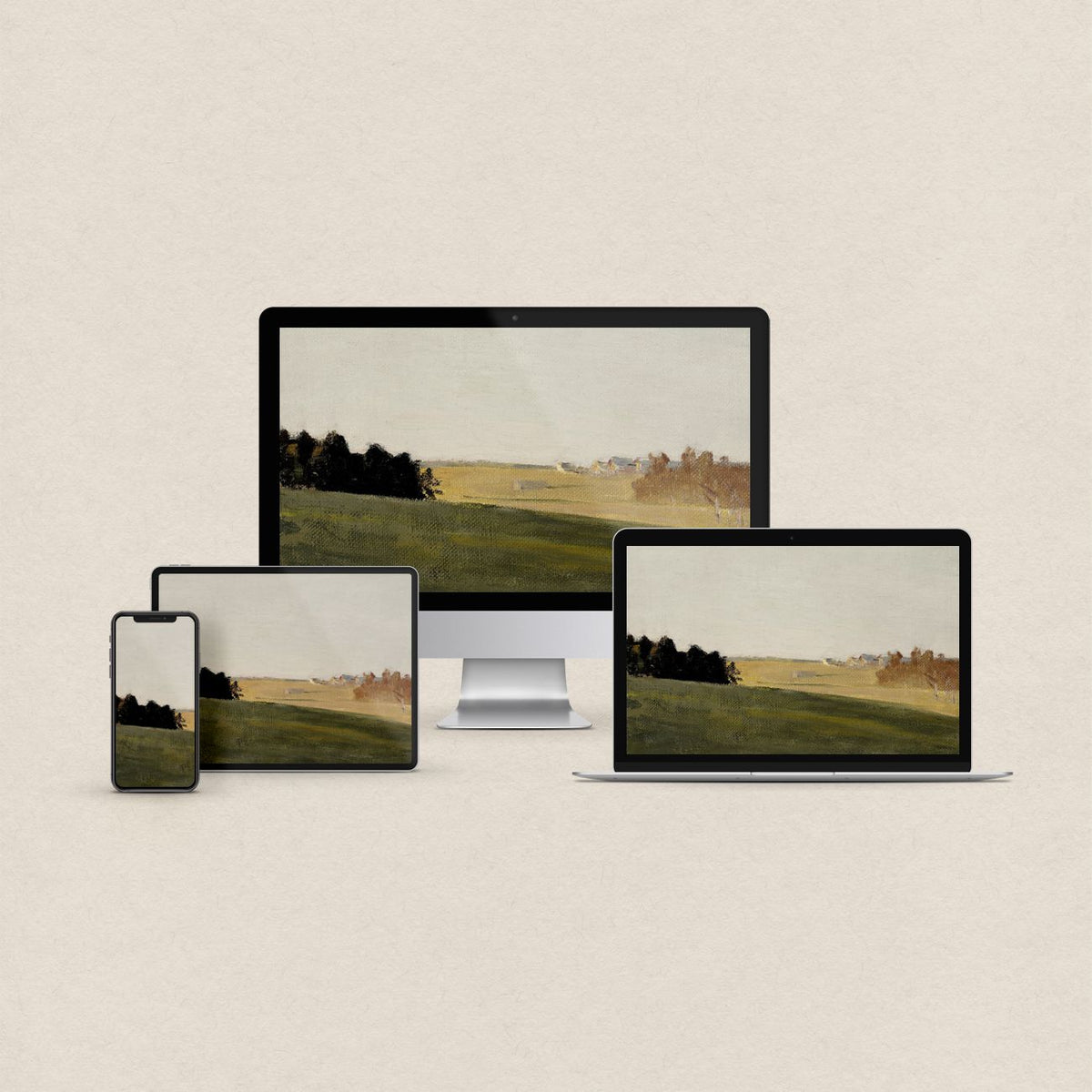 Minimalist landscape desktop wallpaper featuring an earth tone color block nature design with matching phone, iPad and MacBook wallpapers