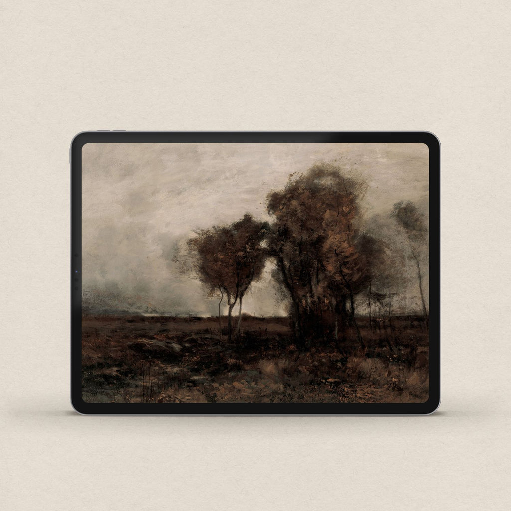 Minimalist landscape iPad wallpaper with dark neutral tones and calm modern countryside composition.