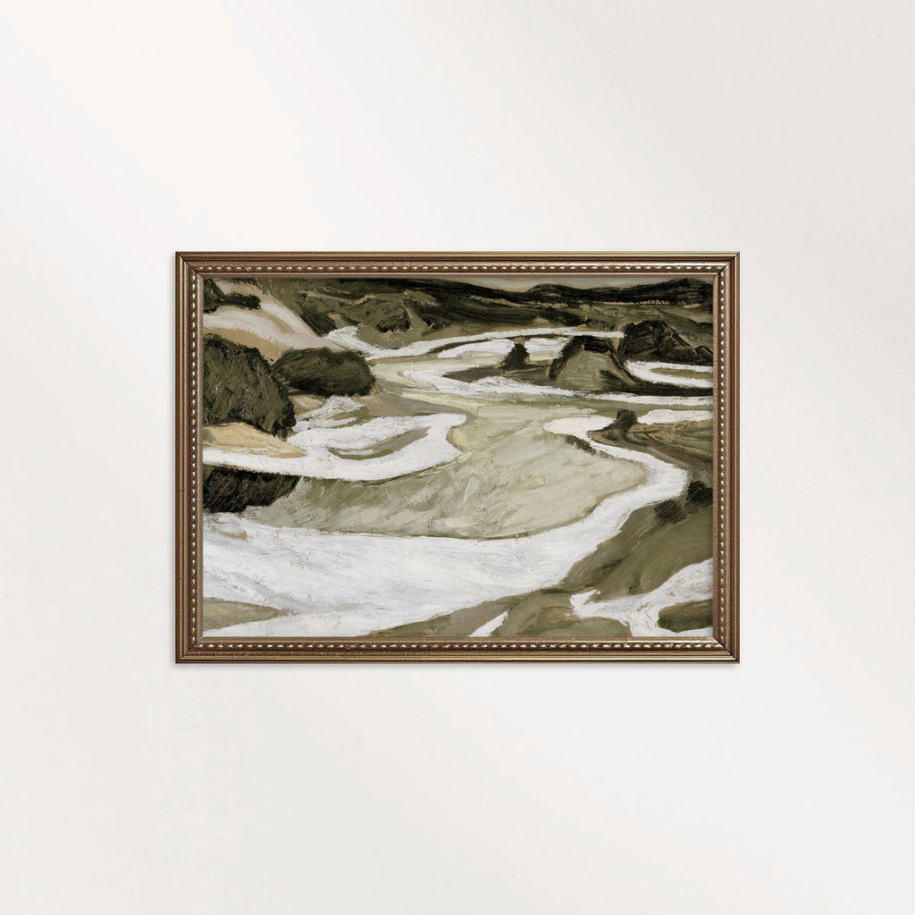 Tonal Green Mountain River Abstract Landscape Printable Wall Art