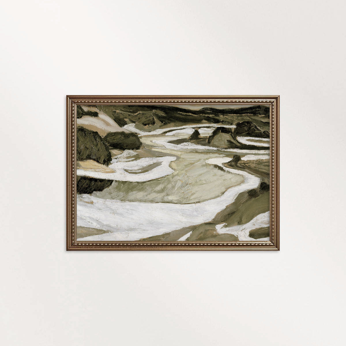 Tonal Green Mountain River Abstract Landscape Printable Wall Art