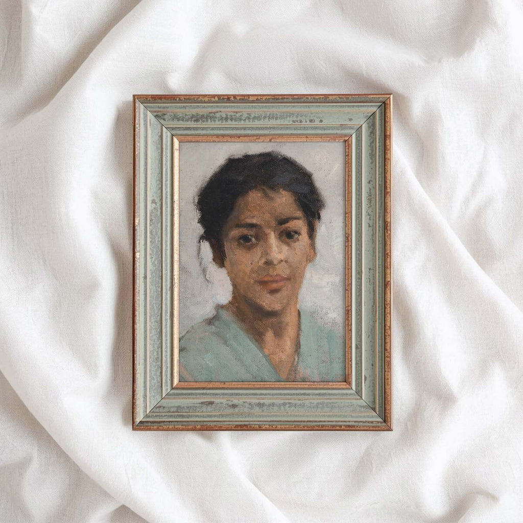 Neutral Boho Portrait Wall Art Print – Muted Grey Vintage Woman Oil Painting (Digital Download)
