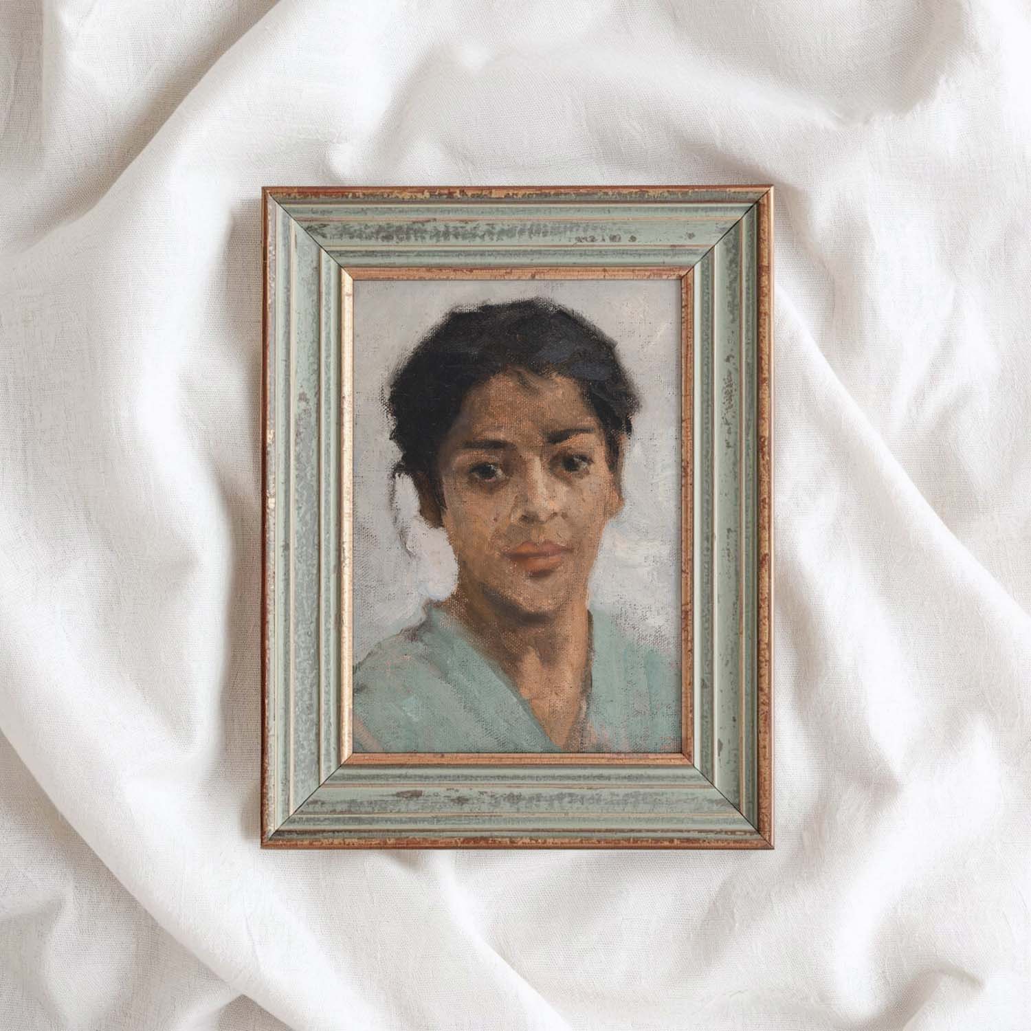 Neutral Boho Portrait Wall Art Print – Muted Grey Vintage Woman Oil Painting (Digital Download)