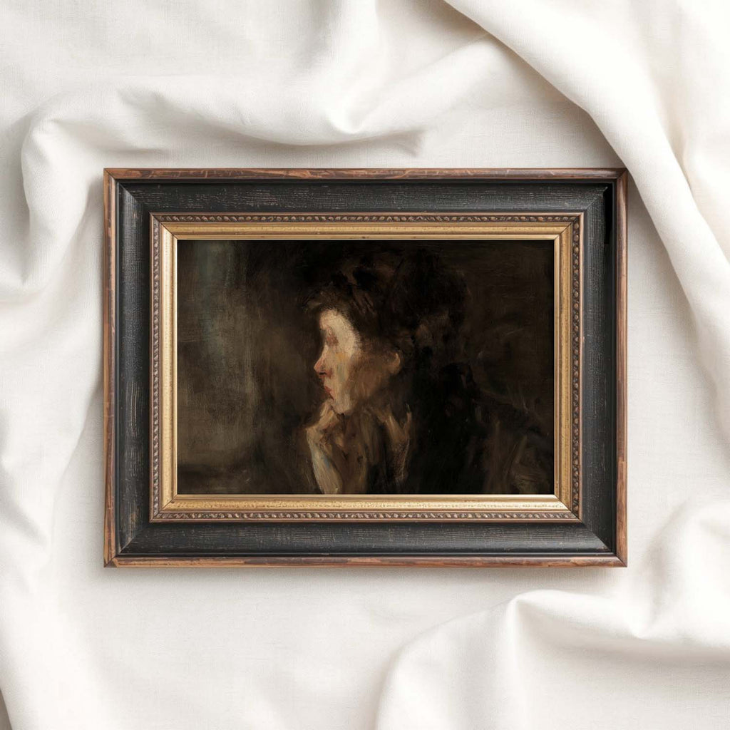 Dark Academia Daydreamer Portrait Wall Art Print – Moody Cinematic Woman Oil Painting (Digital Download)