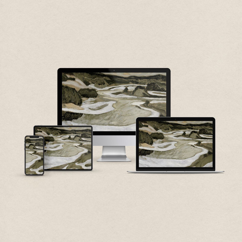 Modern desktop wallpaper featuring a tonal green abstract mountain and river landscape with matching phone, iPad and MacBook wallpapers