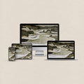 Modern desktop wallpaper featuring a tonal green abstract mountain and river landscape with matching phone, iPad and MacBook wallpapers