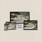 Modern desktop wallpaper featuring a tonal green abstract mountain and river landscape with matching phone, iPad and MacBook wallpapers