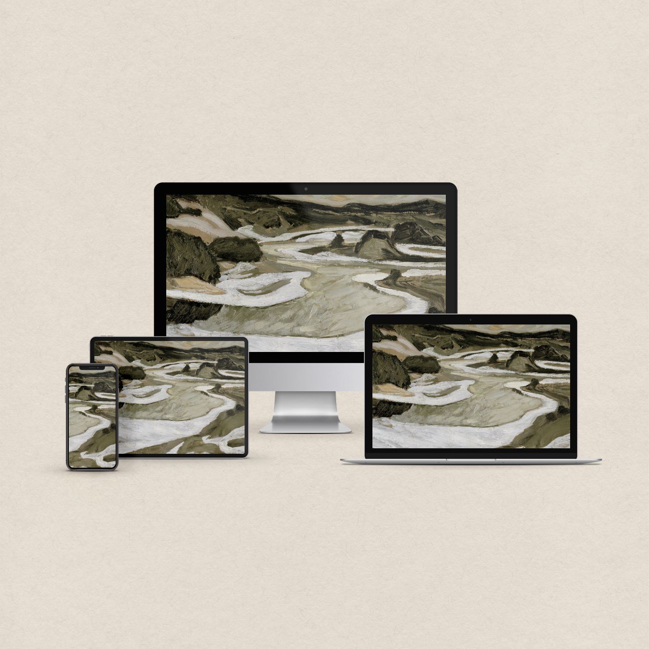 Modern desktop wallpaper featuring a tonal green abstract mountain and river landscape with matching phone, iPad and MacBook wallpapers