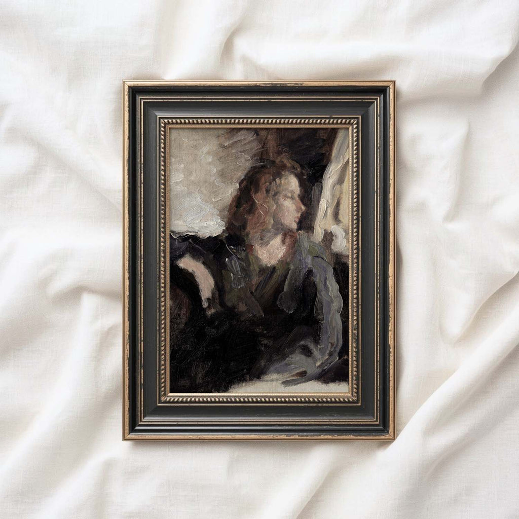 Modern farmhouse bedroom print featuring vintage portrait art in a modern rustic style.