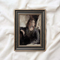 Modern farmhouse bedroom print featuring vintage portrait art in a modern rustic style.