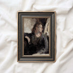 Modern farmhouse bedroom print featuring vintage portrait art in a modern rustic style.