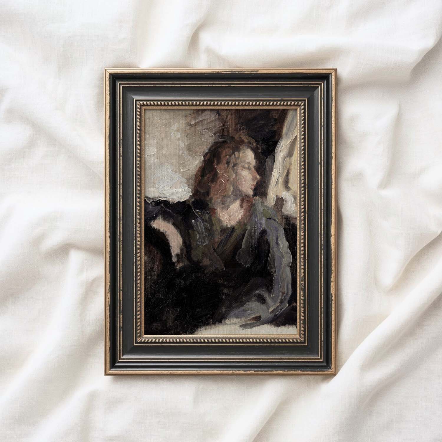 Modern farmhouse bedroom print featuring vintage portrait art in a modern rustic style.
