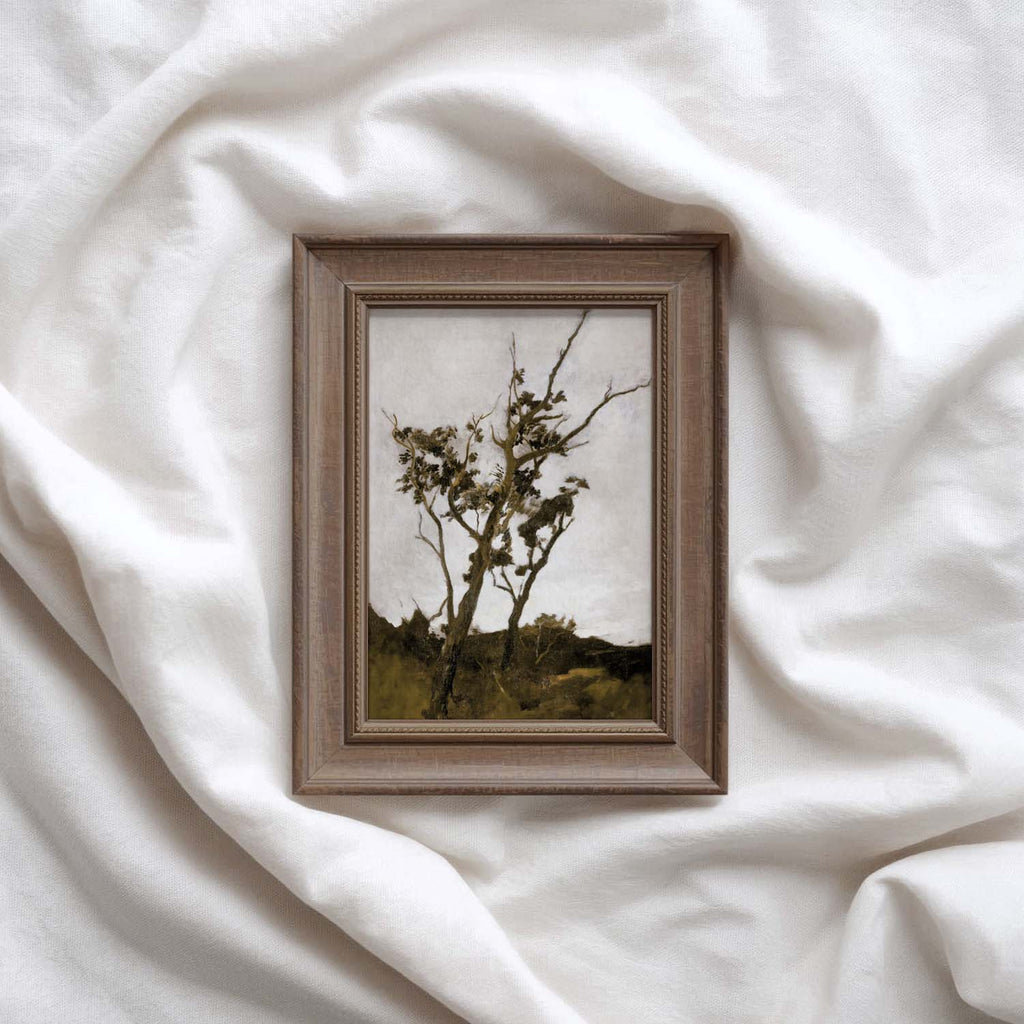 Modern farmhouse tree print printable wall art featuring a moody fall tree branch.