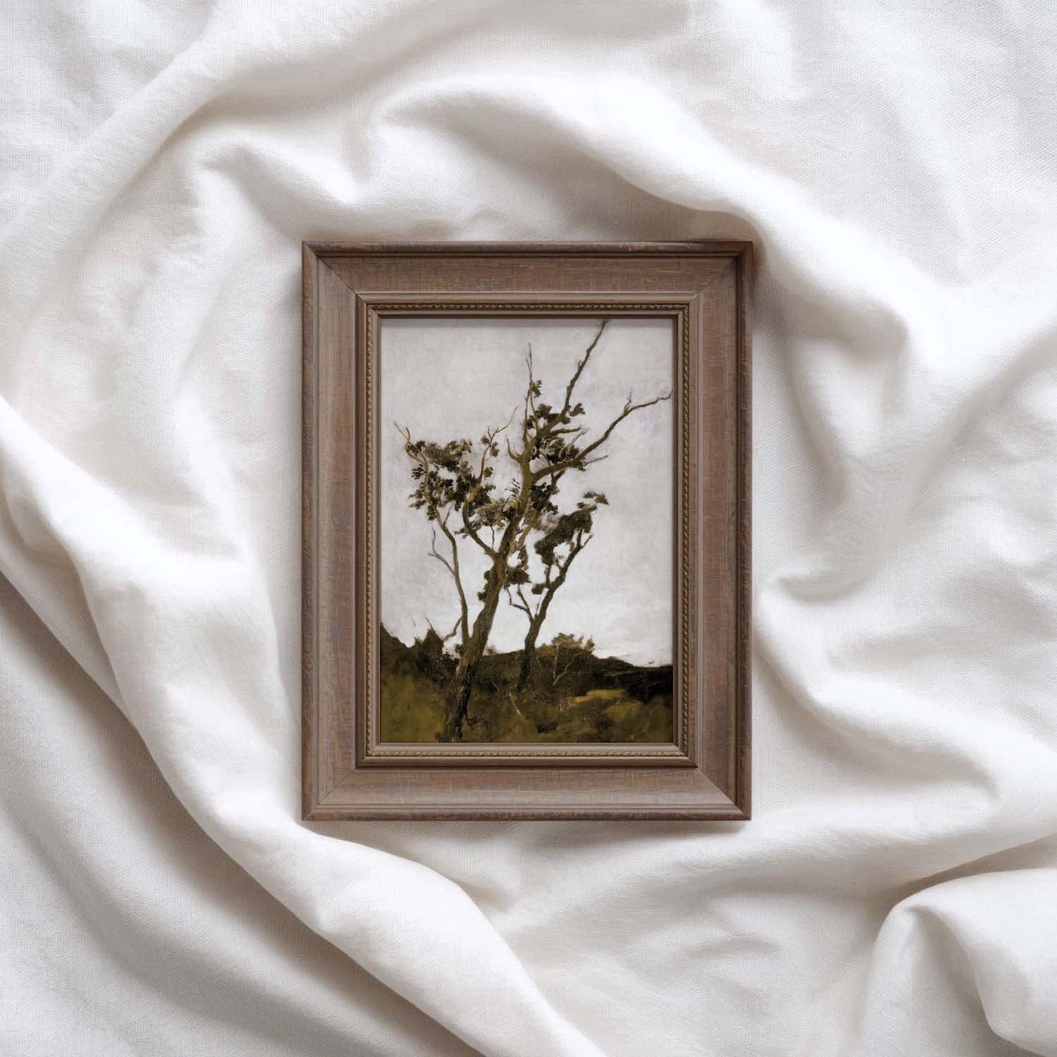 Modern farmhouse tree print printable wall art featuring a moody fall tree branch.