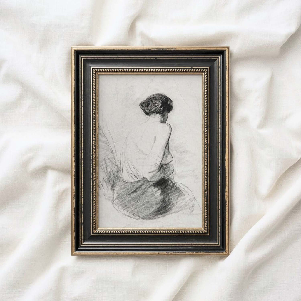 Vintage Woman Back Facing Pencil Sketch Wall Art Printable – Neutral Minimal Portrait Print