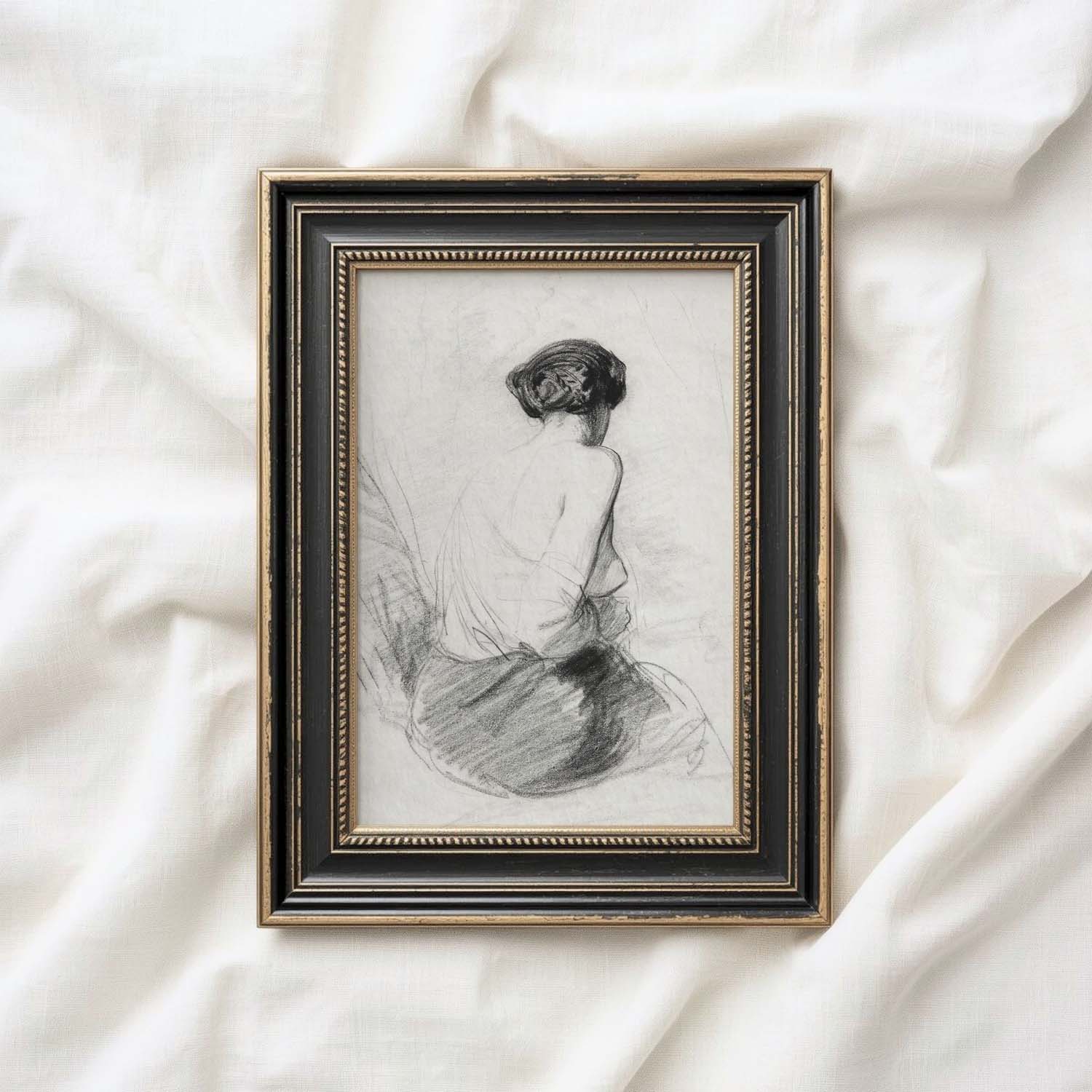 Vintage Woman Back Facing Pencil Sketch Wall Art Printable – Neutral Minimal Portrait Print