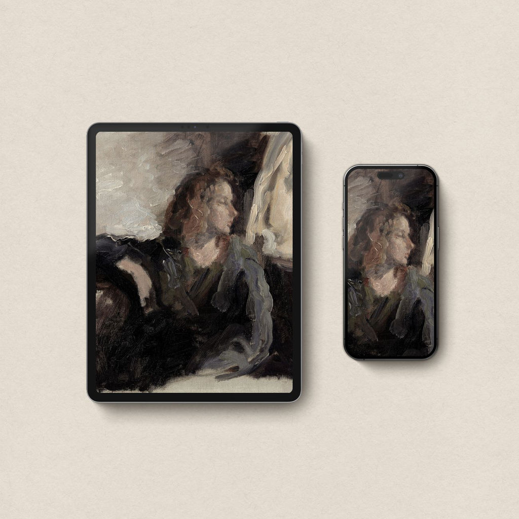 Modern Rustic Farmhouse Portrait vintage wallpaper bundle for matching iPhone and iPad screens in dark academia style.