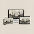 Monochrome landscape desktop wallpaper featuring moody neutral scenery and sparse trees with matching phone, iPad and MacBook wallpapers