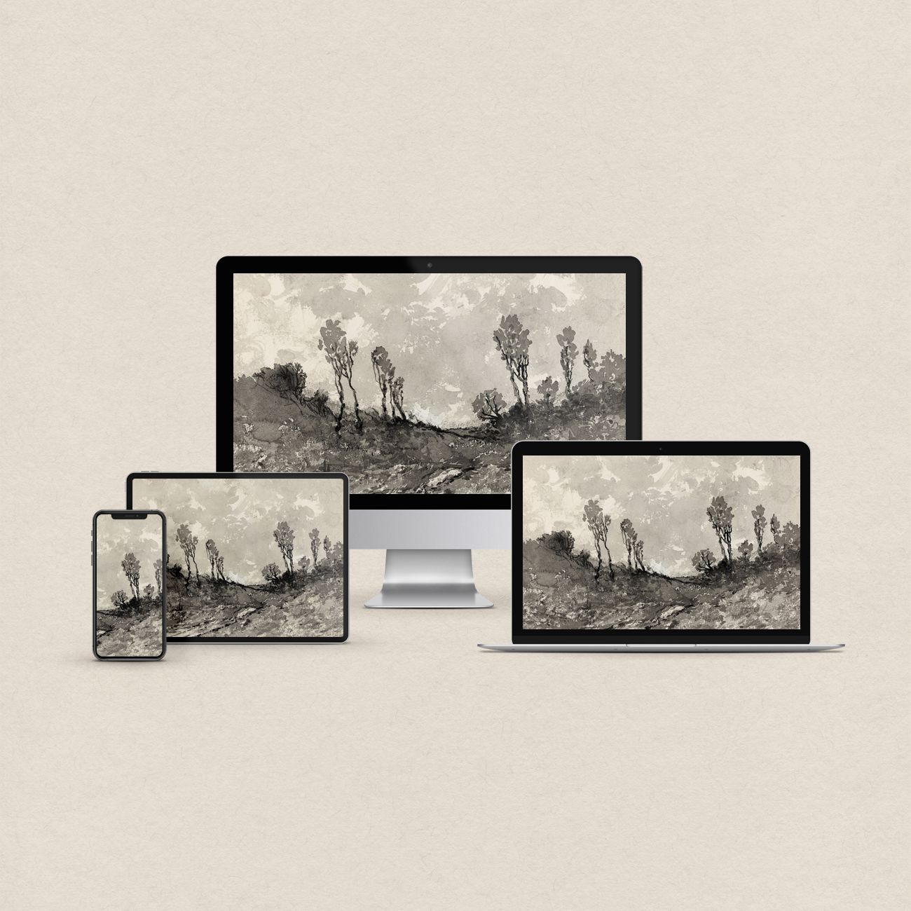 Monochrome landscape desktop wallpaper featuring moody neutral scenery and sparse trees with matching phone, iPad and MacBook wallpapers