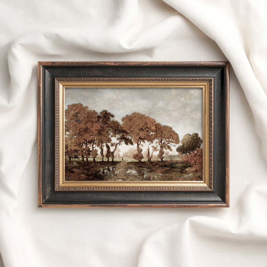 Moody Autumn trees wall art print in heritage style for cozy fall home decor.