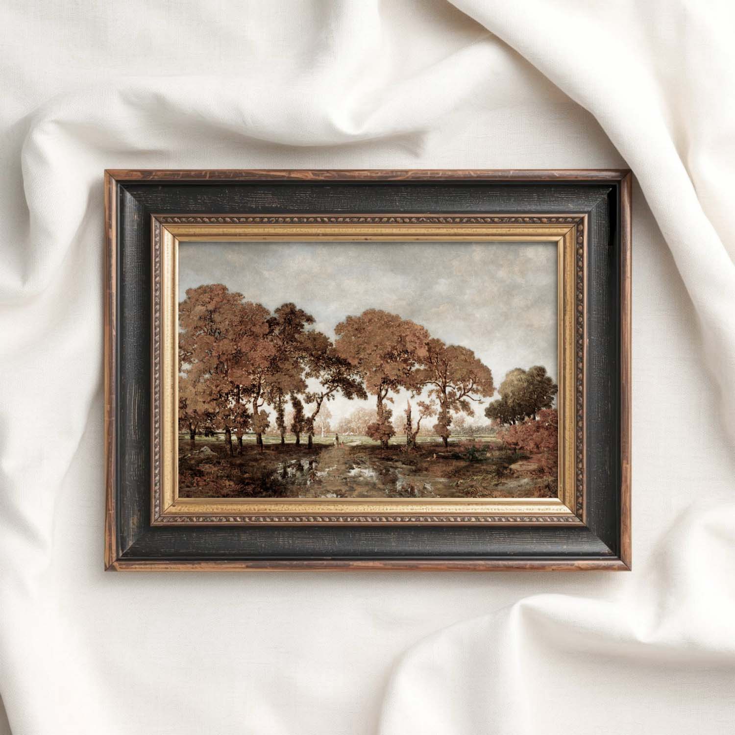 Moody Autumn trees wall art print in heritage style for cozy fall home decor.